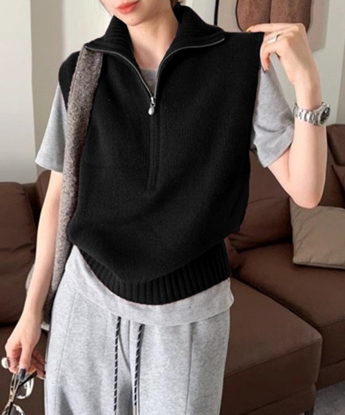 Miniministore(ミニミニストア)の「ハーフジップ ニットベストスタンドカラー(ベスト・レディース・ブラック/グレー/オレンジ/アイボリー/ワインレッド/ロイヤルブルー・FREE)」の10枚目の写真