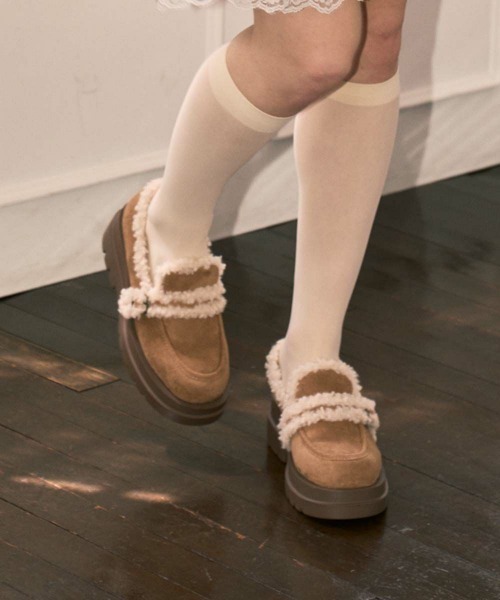 フィント ベルト使いフェイクムートンシューズ ブラウン Mサイズ F