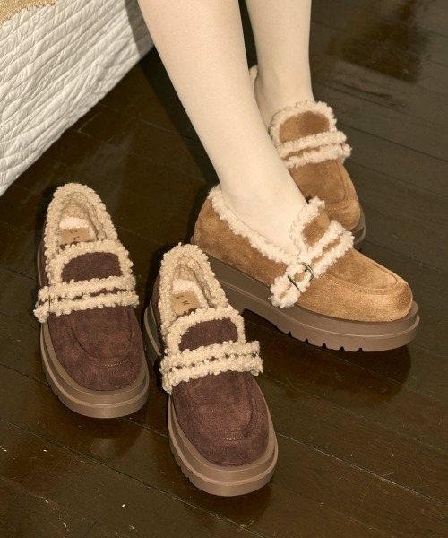 F i.n.t（フィント）の「ベルト使いフェイクムートンシューズ（モカシン/デッキシューズ・レディース・ブラウン/ベージュ・L/M/S）」の3枚目の写真