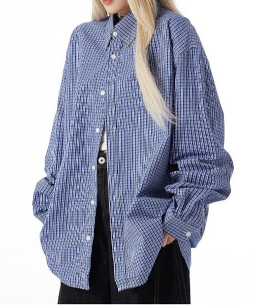 B.I.D.（ビーアイディー）の「《Bz》ブルーチェックシャツ ルーズシルエット（25MA/EKW124）（シャツ/ブラウス・レディース・ブルー・FREE）」の2枚目の写真