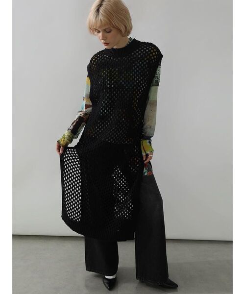 :ETHROF(イーサオブ)の「BACK OPEN MESH KNIT DRESS(ニット/セーター・レディース・ブラック/グレー・FREE)」の5枚目の写真