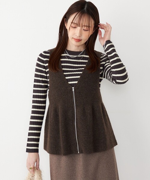 SHIPS Colors(シップス カラーズ)の「SHIPS Colors:〈手洗い可能〉ジップ ビスチェ × ボーダー ニット セット◇(ニット/セーター・レディース・グレー/ブラウン・ONE SIZE)」の2枚目の写真