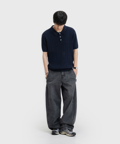 LEMAIN SECOND（リメインセカンド）の「オーバーサイズ ウォッシャブル カラーネック ケーブル 半袖ニット [ネイビー]（ニット/セーター・メンズ・その他・SMALL/MEDIUM/LARGE）」の2枚目の写真
