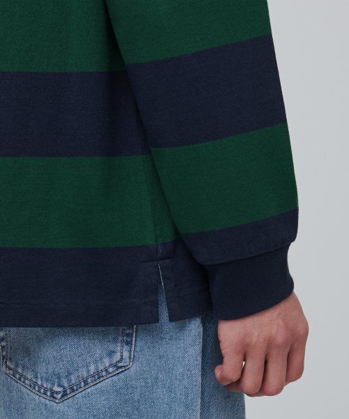 MUSINSA STANDARD（ムシンサスタンダード）の「ストライプラグビーシャツ[ネイビー/グリーン]（ポロシャツ・メンズ・その他・MEDIUM/LARGE/X-LARGE/XX-LARGE）」の6枚目の写真