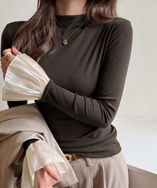 ReRe(リリ)の「袖プリーツ切り替えカットソー(Tシャツ/カットソー・レディース・ブラック/ダークグレー/ホワイト/ライトグレー/ダークブラウン・MEDIUM/LARGE/X-LARGE)」の1枚目の写真