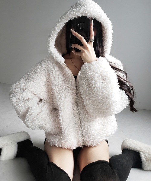 2color 】テディボアジップアップフーディクロップドコート ／ teddy