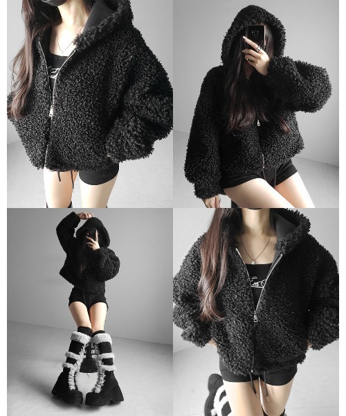 me+em select(ミームセレクト)の「【 2color 】テディボアジップアップフーディクロップドコート / teddy boa zipup hoodie cropped cat(その他アウター・レディース・ブラック/アイボリー・FREE)」の4枚目の写真