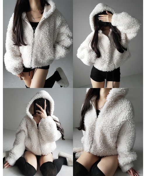 me+em select(ミームセレクト)の「【 2color 】テディボアジップアップフーディクロップドコート / teddy boa zipup hoodie cropped cat(その他アウター・レディース・ブラック/アイボリー・FREE)」の3枚目の写真