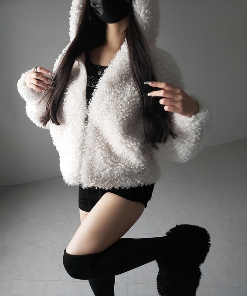 2color 】テディボアジップアップフーディクロップドコート ／ teddy