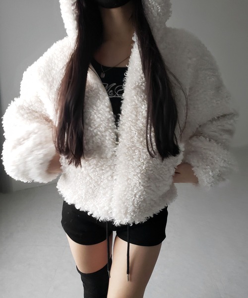 2color 】テディボアジップアップフーディクロップドコート ／ teddy