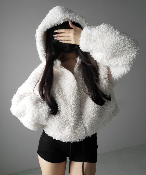 2color 】テディボアジップアップフーディクロップドコート ／ teddy