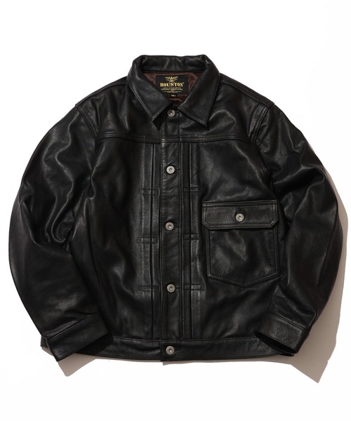HOUSTON(ヒューストン)の「【HOUSTON/ヒューストン】COW LEATHER TRACK JACKET / カウレザートラックジャケット(ブルゾン・メンズ・ブラック/ブラウン・38/40/42)」の1枚目の写真