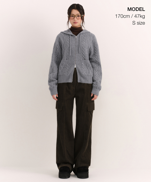 MUSINSA STANDARD WOMAN（ムシンサスタンダードウーマン）の「ウィメンズアランケーブルニットフードパーカージップアップ[ミディアムグレー]（パーカー・レディース・その他・SMALL/MEDIUM/X-SMALL）」の2枚目の写真
