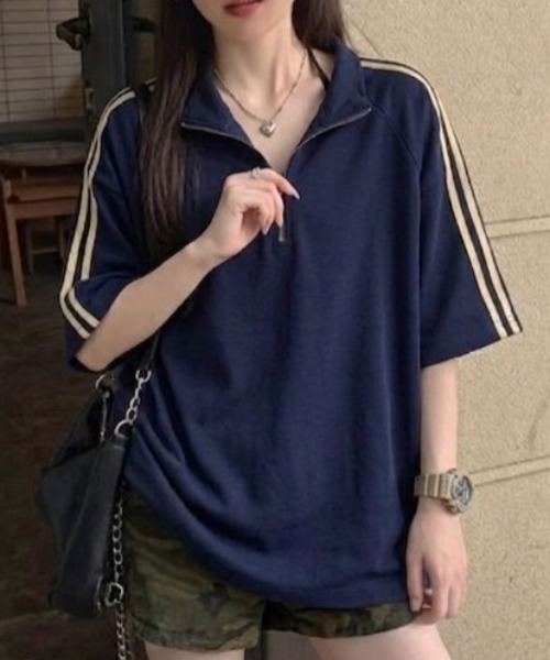SHEPP(シープ)の「【26年春新作】サイドライン ハーフジップ 半袖プルオーバー(Tシャツ/カットソー・メンズ・ライトグレー/ネイビー/ブラック・M/L)」の3枚目の写真