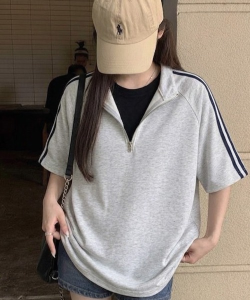 SHEPP(シープ)の「【26年春新作】サイドライン ハーフジップ 半袖プルオーバー(Tシャツ/カットソー・メンズ・ライトグレー/ネイビー/ブラック・M/L)」の1枚目の写真