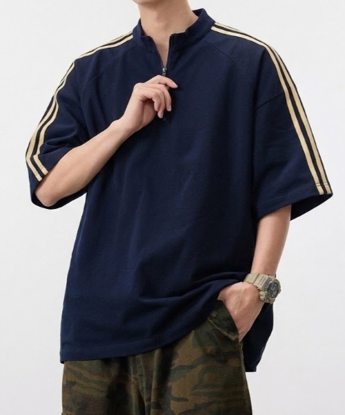 SHEPP(シープ)の「【26年春新作】サイドライン ハーフジップ 半袖プルオーバー(Tシャツ/カットソー・メンズ・ライトグレー/ネイビー/ブラック・M/L)」の14枚目の写真