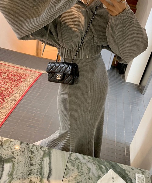 meJane（ミージェーン）の「ストレッチコーデュロイ ジップアップパーカー × マーメイドロングスカート セットアップ（セットアップ・レディース・グレー/オフホワイト/ブラック・FREE）」の9枚目の写真