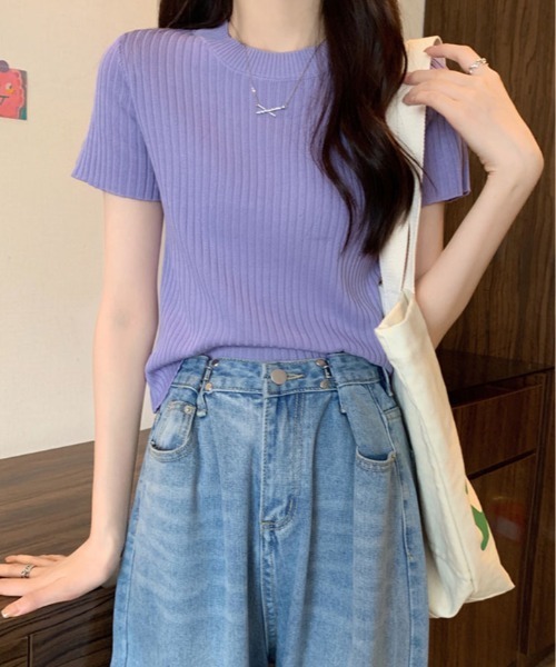 kirakiraShop(キラキラショップ)の「オンオフ使える万能リブニット。半袖 リブ サマーニット(ニット/セーター・レディース・グレー/ブラック/ホワイト/ベージュ/イエロー/パープル・FREE)」の5枚目の写真