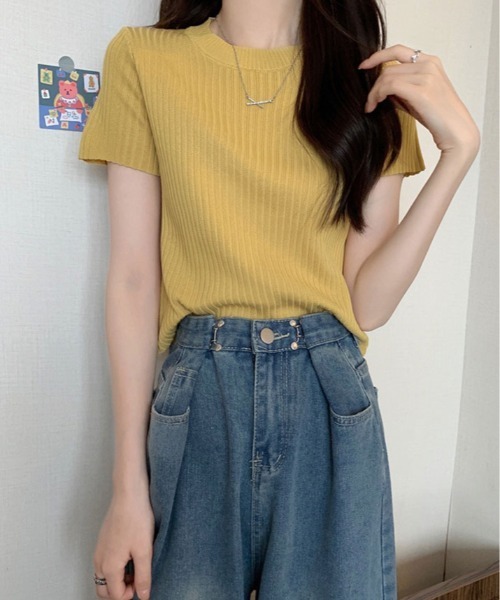 kirakiraShop(キラキラショップ)の「オンオフ使える万能リブニット。半袖 リブ サマーニット(ニット/セーター・レディース・グレー/ブラック/ホワイト/ベージュ/イエロー/パープル・FREE)」の6枚目の写真