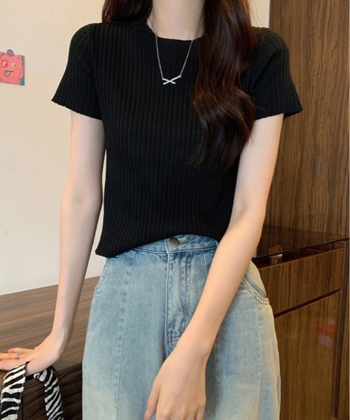 kirakiraShop(キラキラショップ)の「オンオフ使える万能リブニット。半袖 リブ サマーニット(ニット/セーター・レディース・グレー/ブラック/ホワイト/ベージュ/イエロー/パープル・FREE)」の8枚目の写真