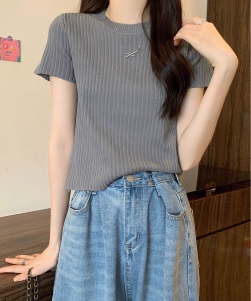 kirakiraShop(キラキラショップ)の「オンオフ使える万能リブニット。半袖 リブ サマーニット(ニット/セーター・レディース・グレー/ブラック/ホワイト/ベージュ/イエロー/パープル・FREE)」の9枚目の写真