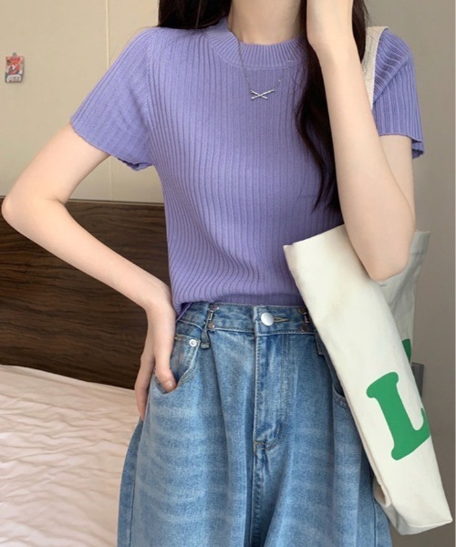 kirakiraShop(キラキラショップ)の「オンオフ使える万能リブニット。半袖 リブ サマーニット(ニット/セーター・レディース・グレー/ブラック/ホワイト/ベージュ/イエロー/パープル・FREE)」の15枚目の写真