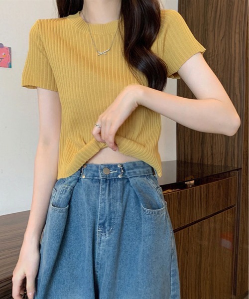 kirakiraShop(キラキラショップ)の「オンオフ使える万能リブニット。半袖 リブ サマーニット(ニット/セーター・レディース・グレー/ブラック/ホワイト/ベージュ/イエロー/パープル・FREE)」の16枚目の写真