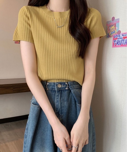 kirakiraShop(キラキラショップ)の「オンオフ使える万能リブニット。半袖 リブ サマーニット(ニット/セーター・レディース・グレー/ブラック/ホワイト/ベージュ/イエロー/パープル・FREE)」の17枚目の写真