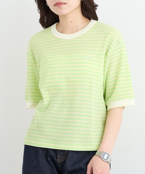 Healthknit(ヘルスニット)の「【Healthknit】26SS Multi Border Waffle Crewneck S/S 680S(Tシャツ/カットソー・レディース・アイボリー系1/ライム/ブラウン系1・FREE)」の5枚目の写真