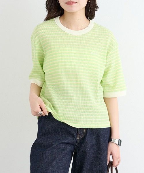 Healthknit(ヘルスニット)の「【Healthknit】26SS Multi Border Waffle Crewneck S/S 680S(Tシャツ/カットソー・レディース・アイボリー系1/ライム/ブラウン系1・FREE)」の6枚目の写真