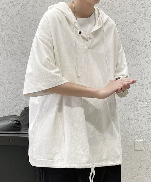 link lot(リンクロット)の「ルーズシルエット レースアップ フーディー半袖Tシャツ(Tシャツ/カットソー・メンズ・ホワイト/ブラック・M)」の2枚目の写真