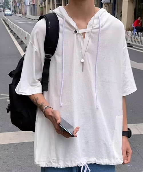 link lot(リンクロット)の「ルーズシルエット レースアップ フーディー半袖Tシャツ(Tシャツ/カットソー・メンズ・ホワイト/ブラック・M)」の21枚目の写真