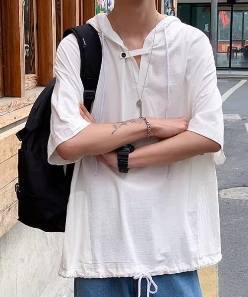 link lot(リンクロット)の「ルーズシルエット レースアップ フーディー半袖Tシャツ(Tシャツ/カットソー・メンズ・ホワイト/ブラック・M)」の19枚目の写真