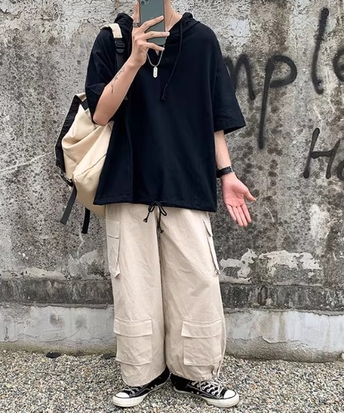 link lot(リンクロット)の「ルーズシルエット レースアップ フーディー半袖Tシャツ(Tシャツ/カットソー・メンズ・ホワイト/ブラック・M)」の16枚目の写真