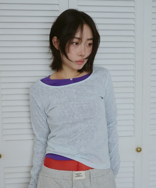 common gull products.（コモンガルプロダクツ）の「甘味のシアーネップロンT（Tシャツ/カットソー・レディース・ブラック系/杢グレー/ホワイト系/サックスブルー系・LARGE/SMALL/MEDIUM）」の16枚目の写真