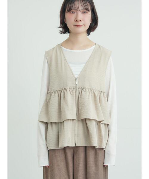 Samansa Mos2（サマンサ モスモス）の「(セットアップ可)フリルジップベスト（ベスト・レディース・ベージュ/ブラック/チェック・F）」の6枚目の写真