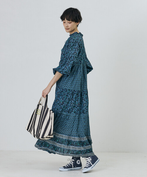 Freada（フリーダ）の「Freada/フリーダ インドフラワープリント4段ティアードドレス（ワンピース・レディース・ブルー/オレンジ・ONE SIZE）」の13枚目の写真