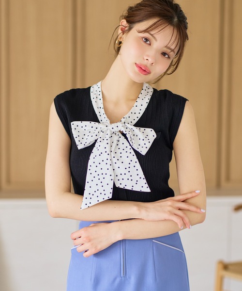 MISCH MASCH（ミッシュマッシュ）の「2026春夏新作 シャツボウタイフレンチスリーブニット（ニット/セーター・レディース・イエロー/ホワイト/ブラック・ﾌﾘ-）」の2枚目の写真