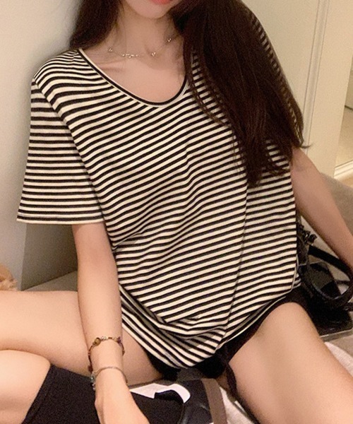 SallyLunn(サリーラン)の「細ボーダー VネックTシャツ(Tシャツ/カットソー・レディース・ブラック・MEDIUM/LARGE)」の6枚目の写真