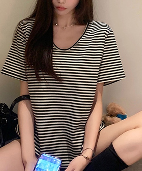 SallyLunn(サリーラン)の「細ボーダー VネックTシャツ(Tシャツ/カットソー・レディース・ブラック・MEDIUM/LARGE)」の7枚目の写真