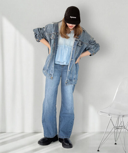 セール】[ kieさんコラボ ]バックベルトカーブパンツ（デニムパンツ