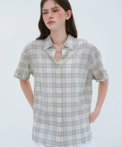 MUSINSA STANDARD WOMAN（ムシンサスタンダードウーマン）の「ウィメンズオーバーサイズクリンクルチェック半袖シャツ[アイボリー]（シャツ/ブラウス・レディース・その他・X-SMALL/SMALL/MEDIUM/LARGE）」の3枚目の写真