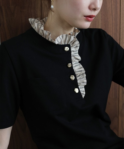 J by blue(ジェイバイブルー)の「フリルシャツドッキングワンピース(ワンピース・レディース・チャコールグレー/アイボリー/ブラック・MEDIUM)」の21枚目の写真