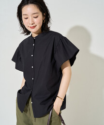 限定展開　フリル 袖 ブロード ノーカラー シャツ