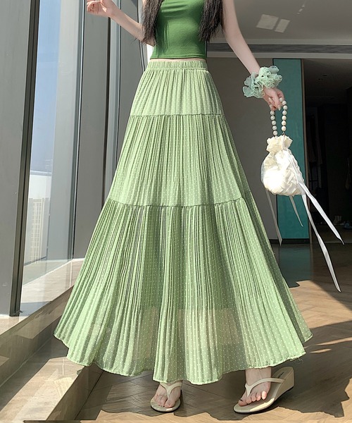 AMAJI（アマジ）の「ドット シフォン プリーツ スカート Aライン ロングスカート（スカート・レディース・イエロー/グリーン/ホワイト/ブラック・X-LARGE/LARGE/MEDIUM/SMALL）」の3枚目の写真