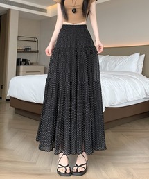 ドット シフォン プリーツ スカート Aライン ロングスカート