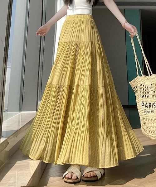 AMAJI（アマジ）の「ドット シフォン プリーツ スカート Aライン ロングスカート（スカート・レディース・イエロー/グリーン/ホワイト/ブラック・X-LARGE/LARGE/MEDIUM/SMALL）」の7枚目の写真