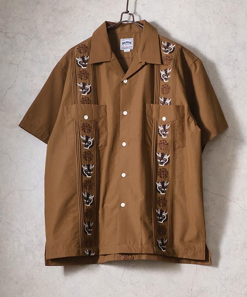 HOUSTON(ヒューストン)の「HOUSTON ヒューストン EMB CUBA SHIRT 虎 福 刺繍 キューバシャツ 半袖 オープンカラー 開襟シャツ(シャツ/ブラウス・メンズ・ブラウン/オフホワイト/ブラック・M/L/XL)」の4枚目の写真