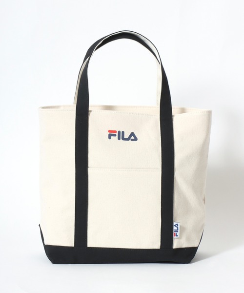 FILA(フィラ)の「FILA(フィラ)コットンキャンバス配色トートバッグ/ワンポイントロゴプリント/無地 ストライプ(トートバッグ・レディース・ホワイト×ブラック/ブルー系その他・FREE)」の3枚目の写真