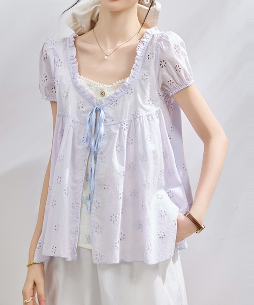 AMAJI(アマジ)の「配色 フェイクレイヤード 半袖ブラウス(シャツ/ブラウス・レディース・パープル・SMALL/MEDIUM/LARGE/X-LARGE)」の1枚目の写真